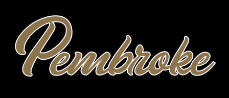 Pembroke script wordmark, gold with white outline on black variant, cell 86