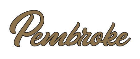 Pembroke script wordmark, gold with black outline variant, cell 87