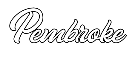 Pembroke script wordmark, white with black outline variant, cell 88