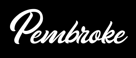 Pembroke script wordmark, white on black variant, cell 89