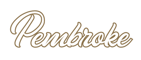 Pembroke script wordmark, white with gold outline variant, cell 90