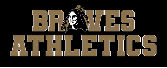 Braves Athletics stacked wordmark with mascot, gold with white outline on black variant, cell 95