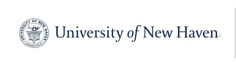 University of New Haven seal and wordmark, blue/black horizontal variant, cell 40