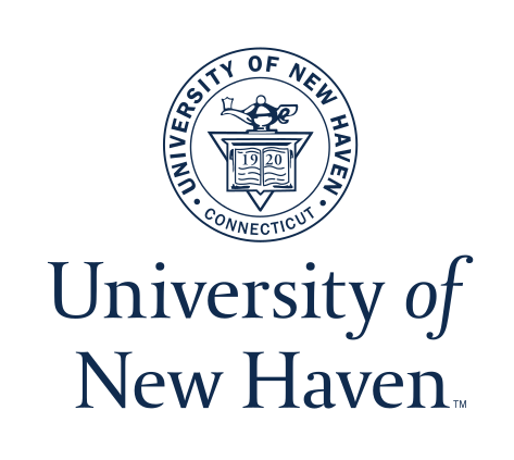 University of New Haven seal and wordmark, blue/black stacked variant, cell 43