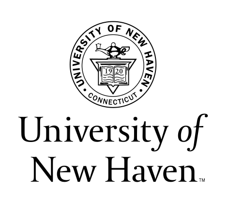University of New Haven seal and wordmark, black stacked variant, cell 44