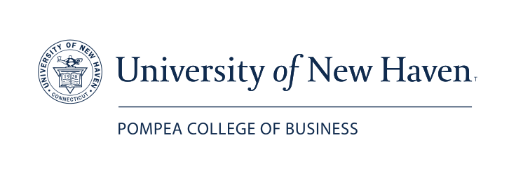 University of New Haven seal and wordmark with Pompea College of Business, blue/black horizontal variant, cell 46