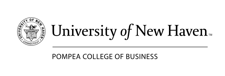 University of New Haven seal and wordmark with Pompea College of Business, black horizontal variant, cell 47