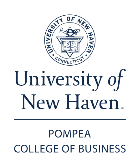 University of New Haven seal and wordmark with Pompea College of Business, blue/black stacked variant, cell 49