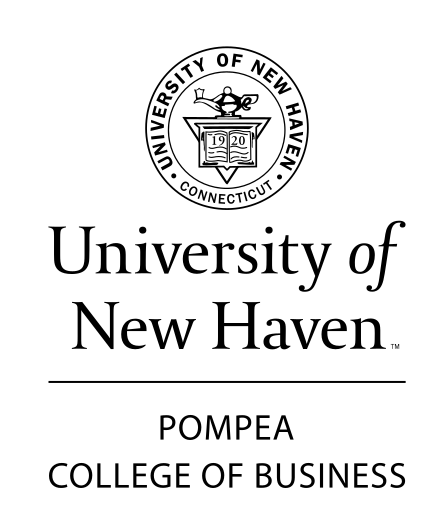 University of New Haven seal and wordmark with Pompea College of Business, black stacked variant, cell 50