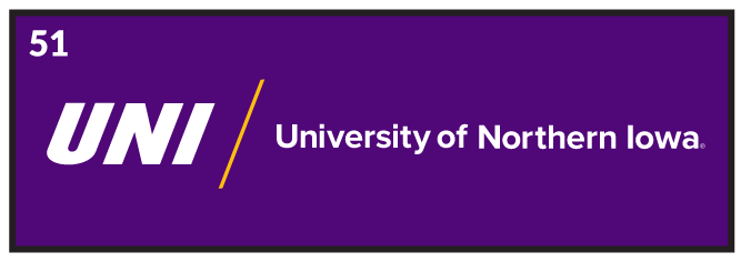 UNI University of Northern Iowa, white/gold on purple horizontal variant, cell 51