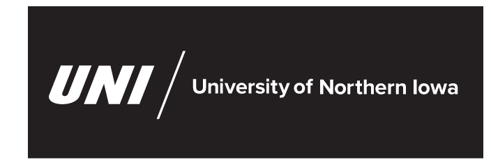 UNI University of Northern Iowa, white/white on black horizontal variant, cell 53