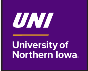 UNI University of Northern Iowa, white on purple stacked variant, cell 57