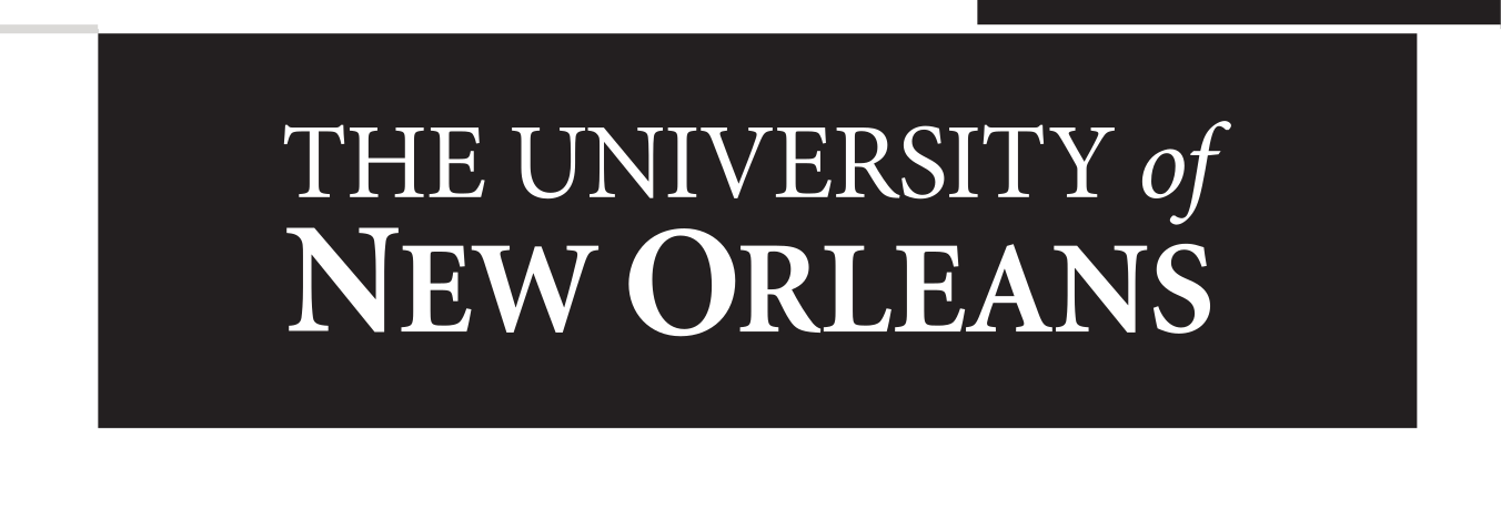 University of New Orleans wordmark, stacked, white knockout variant, cell 14