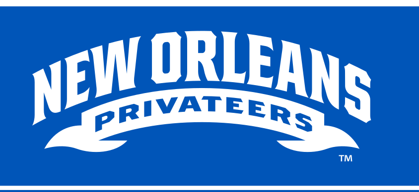 New Orleans Privateers wordmark with banner, white outline on blue variant, cell 36