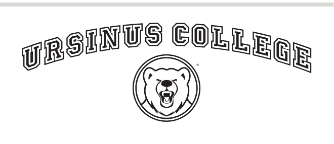 Arched Ursinus College wordmark with bear head, black and white variant, cell 24