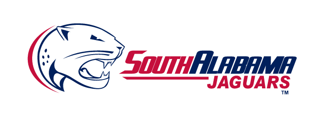 Jaguar head with South Alabama Jaguars wordmark, full color horizontal variant, cell 13