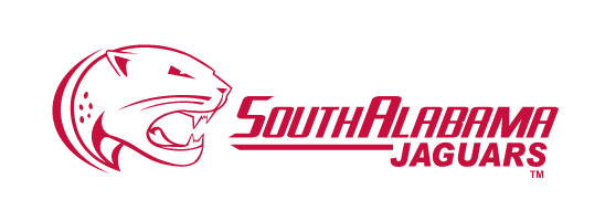 Jaguar head with South Alabama Jaguars wordmark, red and white horizontal variant, cell 14