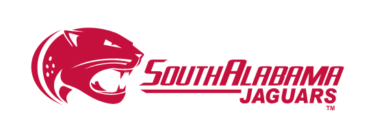 Jaguar head with South Alabama Jaguars wordmark, red and white horizontal variant, cell 15
