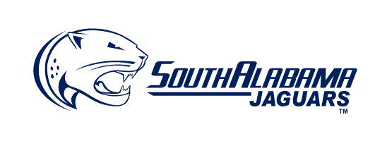 Jaguar head with South Alabama Jaguars wordmark, blue and white horizontal variant, cell 16