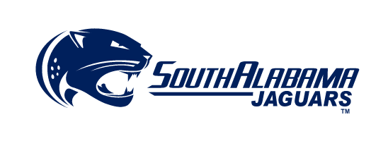 Jaguar head with South Alabama Jaguars wordmark, blue and white horizontal variant, cell 17