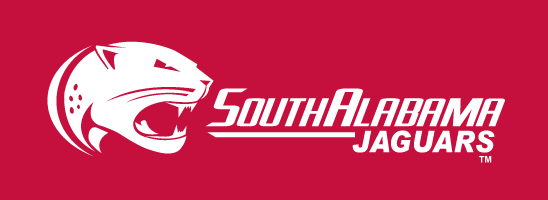 Jaguar head with South Alabama Jaguars wordmark, white on red horizontal variant, cell 20