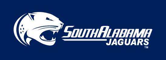 Jaguar head with South Alabama Jaguars wordmark, white on blue horizontal variant, cell 23