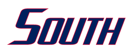 South wordmark, blue/red outline variant, cell 50