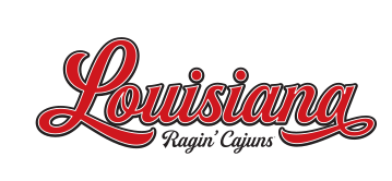 Louisiana Ragin' Cajuns script wordmark, red/black variant, cell 17