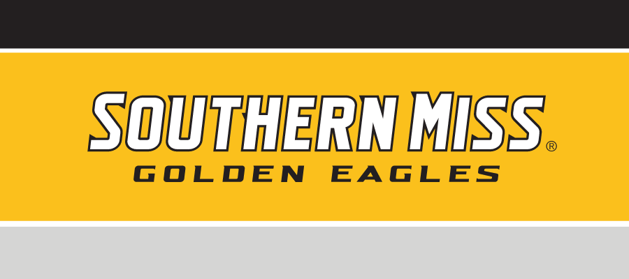 Southern Miss Golden Eagles wordmark, white outline on yellow variant, cell 23