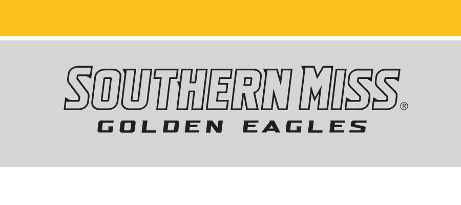 Southern Miss Golden Eagles wordmark, white outline on grey variant, cell 25