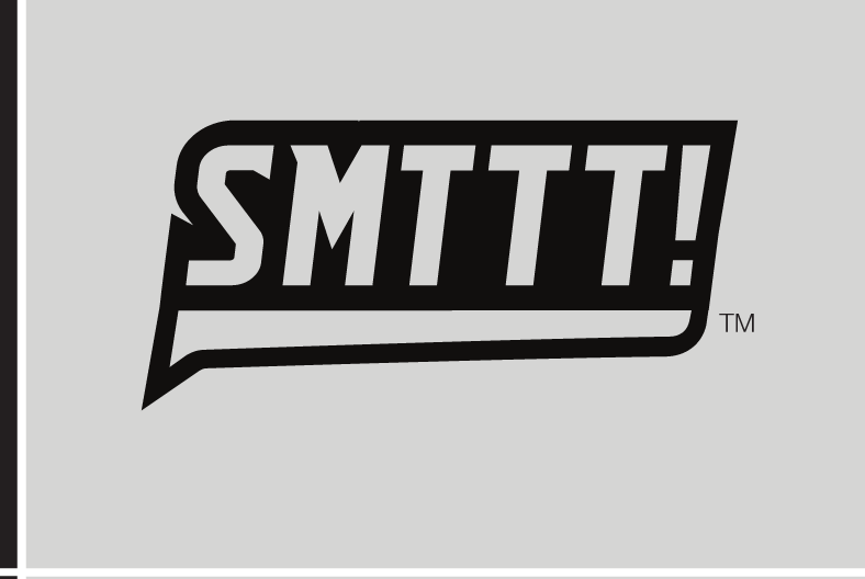 SMTTT! wordmark, white outline on grey variant, cell 43
