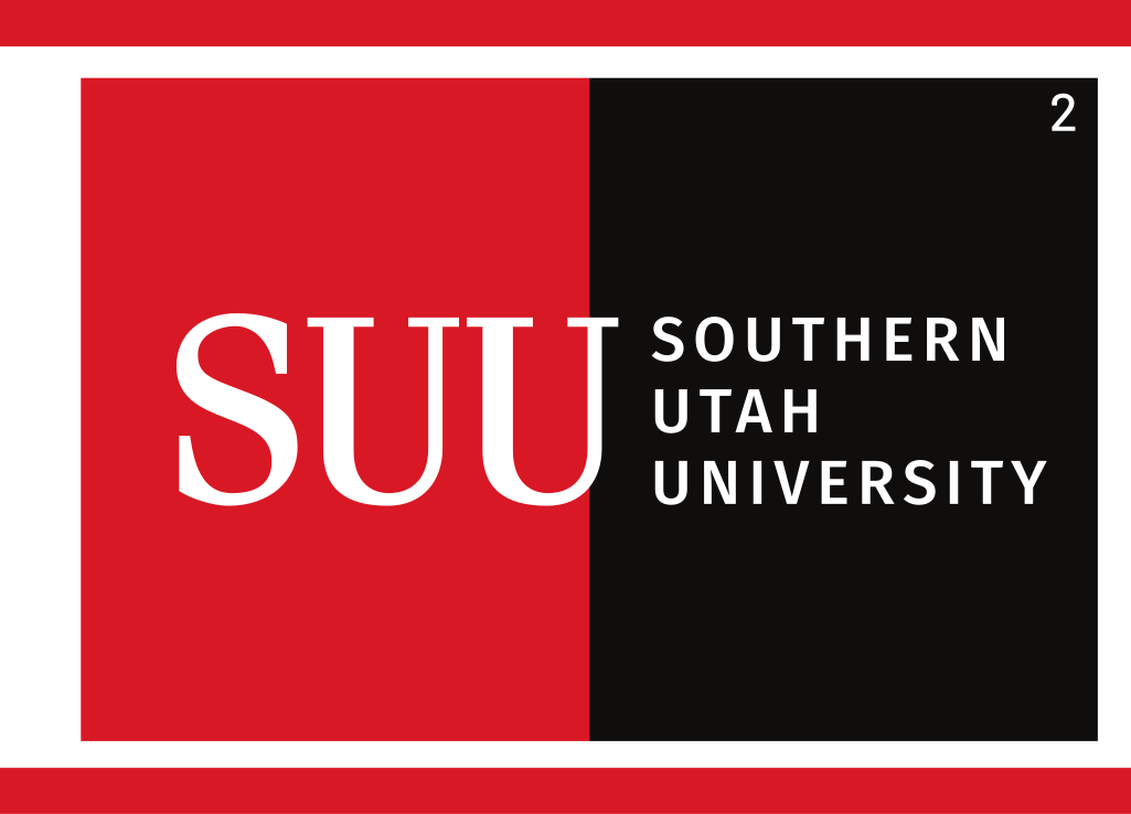 SUU Southern Utah University wordmark, horizontal, white on red/black variant, cell 2