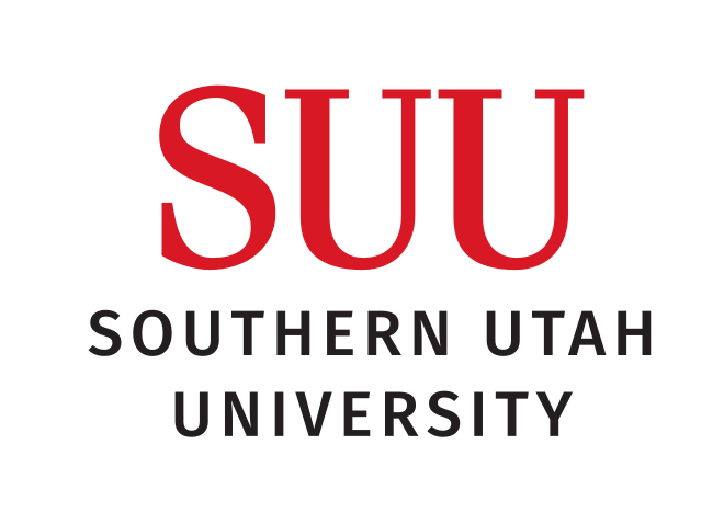 SUU Southern Utah University wordmark, stacked, red/black on white variant, cell 5