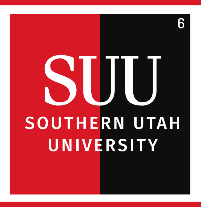 SUU Southern Utah University wordmark, stacked, white on red/black variant, cell 6