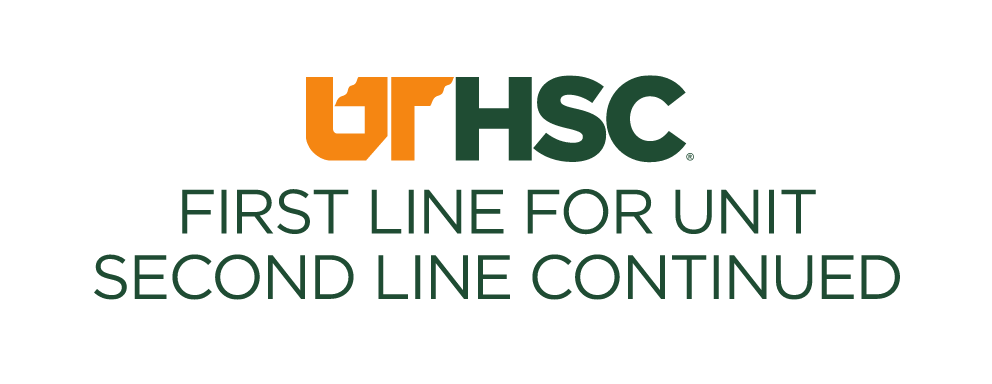 UTHSC logo, full color, first line for unit second line continued variant, cell 16