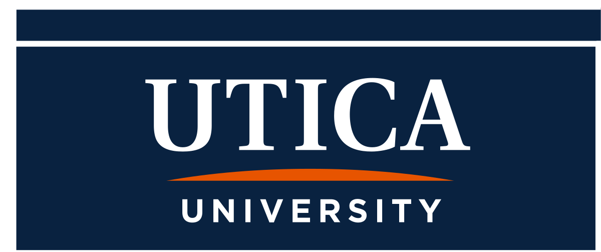 UTICA UNIVERSITY wordmark, white/orange on blue background variant