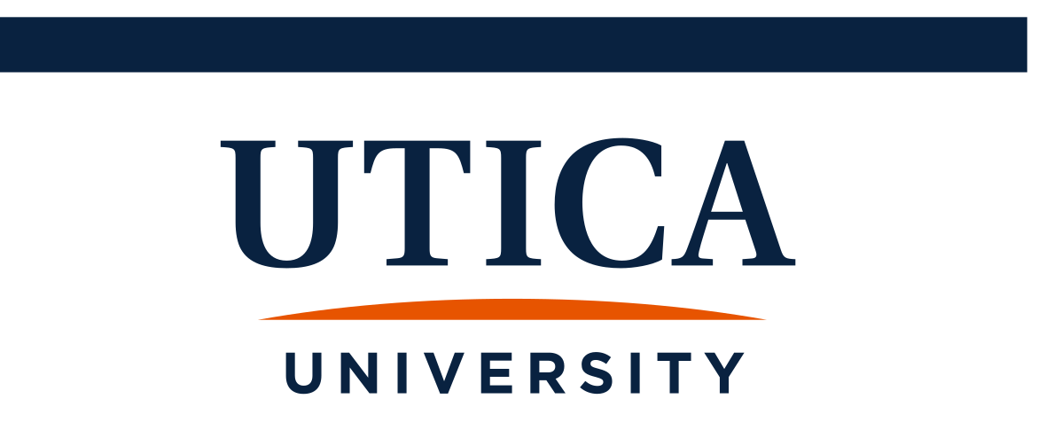 UTICA UNIVERSITY wordmark, blue/orange on white background variant