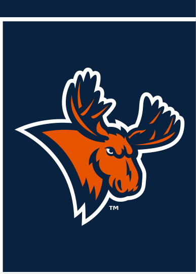 Utica Pioneers mascot head, orange/blue on blue background variant