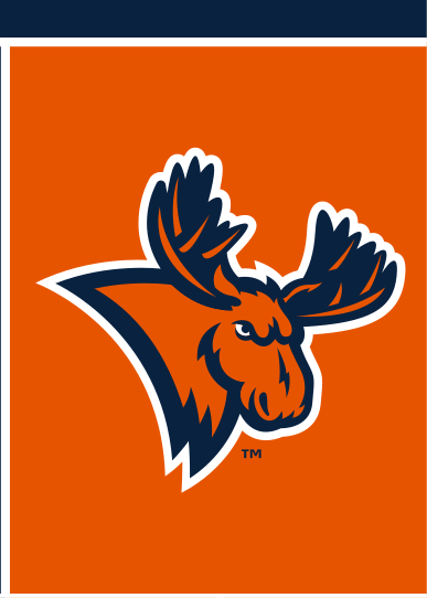 Utica Pioneers mascot head, orange/blue on orange background variant