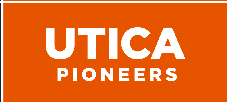 UTICA PIONEERS wordmark, white on orange background variant