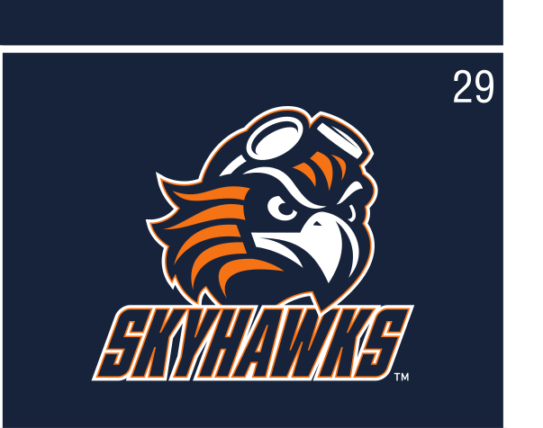 Skyhawks Stacked logo, full color with orange outline on navy variant, cell 29
