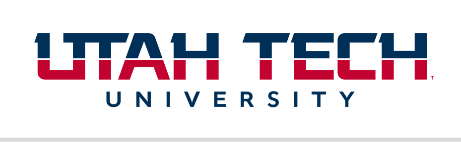 Utah Tech University wordmark, stacked, blue and red variant, cell 34