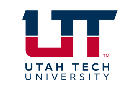 UT Utah Tech University lockup, stacked 3-line, blue and red variant, cell 46
