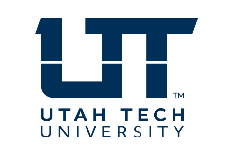 UT Utah Tech University lockup, stacked 3-line, blue variant, cell 48