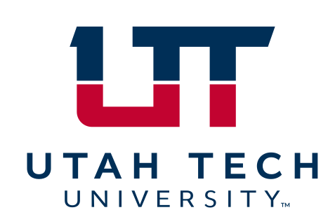 UT Utah Tech University lockup, stacked 2-line, blue and red variant, cell 50