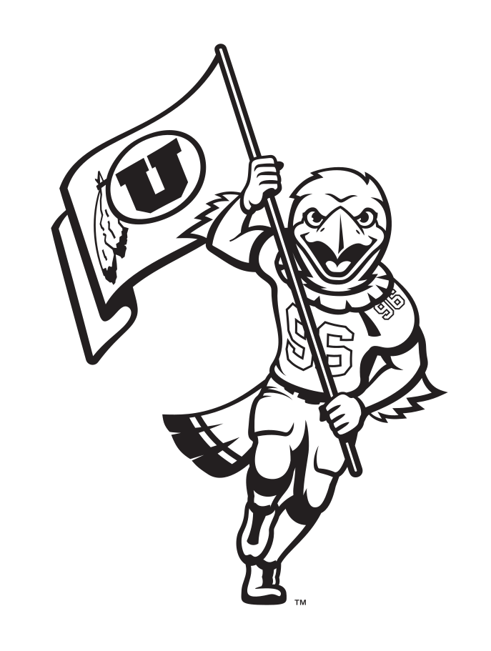 Swoop mascot, holding flag with Drum & Feather logo, black and white variant, cell 23