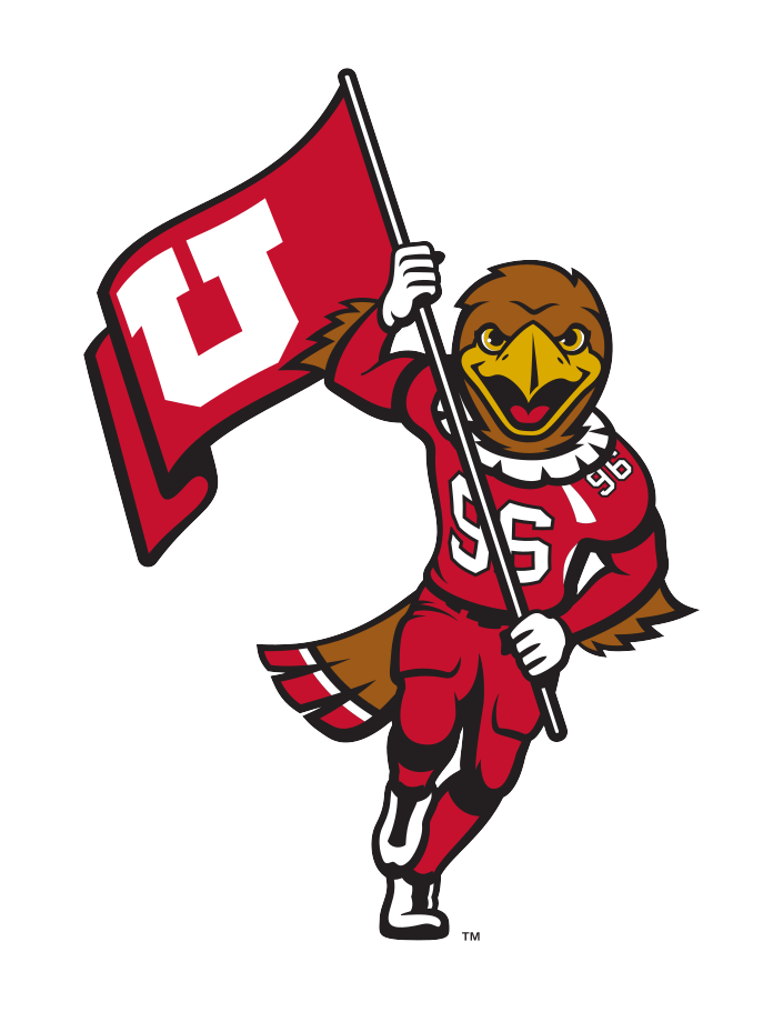 Swoop mascot, holding flag with block U logo, full color variant, cell 24