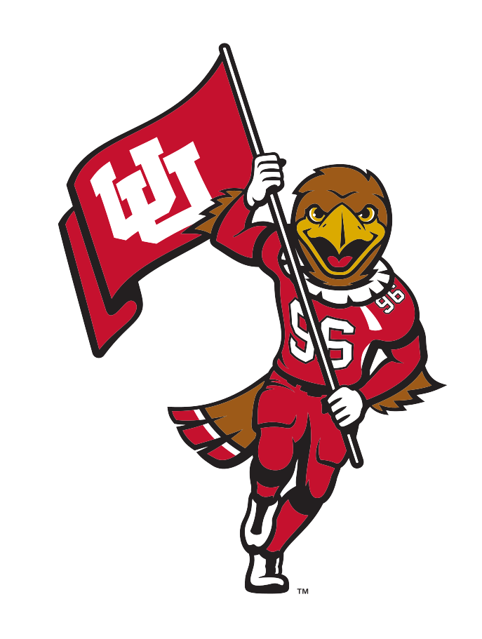 Swoop mascot, holding flag with interlocking UU logo, full color variant, cell 26