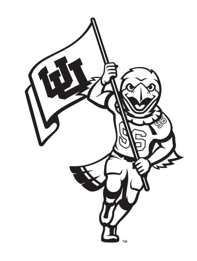Swoop mascot, holding flag with interlocking UU logo, black and white variant, cell 27