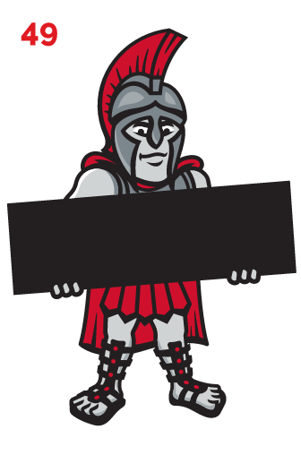 mascot, full body, red cape, holding black sign variant, cell 49